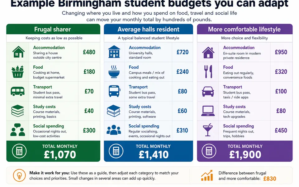 Three side-by-side columns comparing frugal, average and more comfortable Birmingham student monthly budgets.