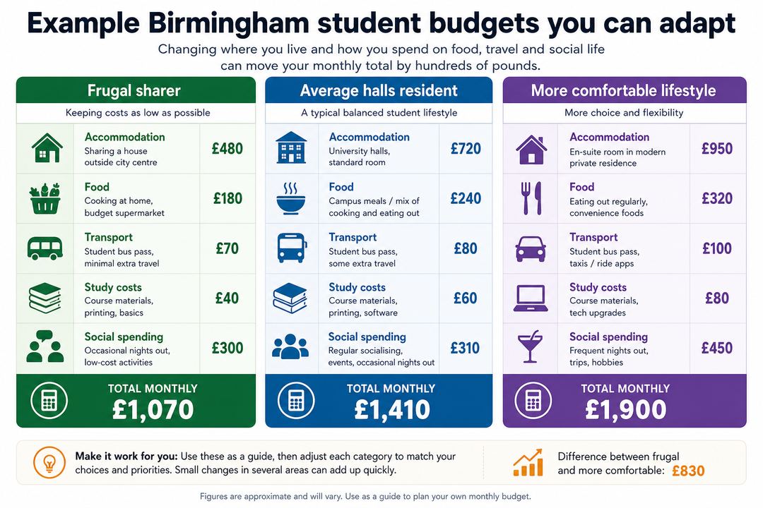 Three side-by-side columns comparing frugal, average and more comfortable Birmingham student monthly budgets.