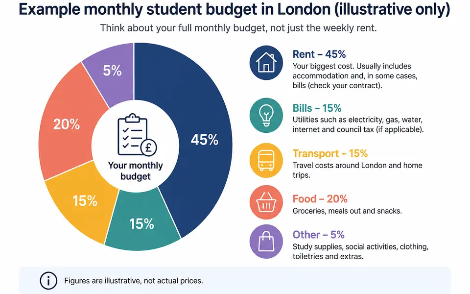 Simple budget diagram breaking down a London student's monthly costs into rent, bills, transport and other living expenses.