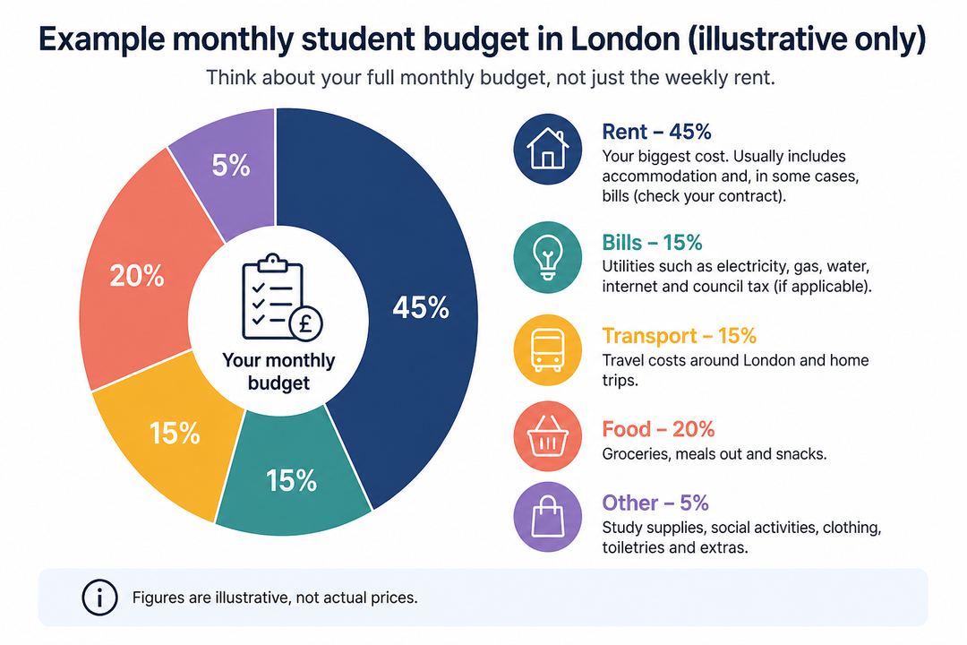 Simple budget diagram breaking down a London student's monthly costs into rent, bills, transport and other living expenses.