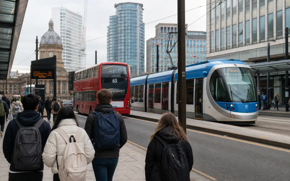 Students walking near a tram and buses in central Birmingham.
