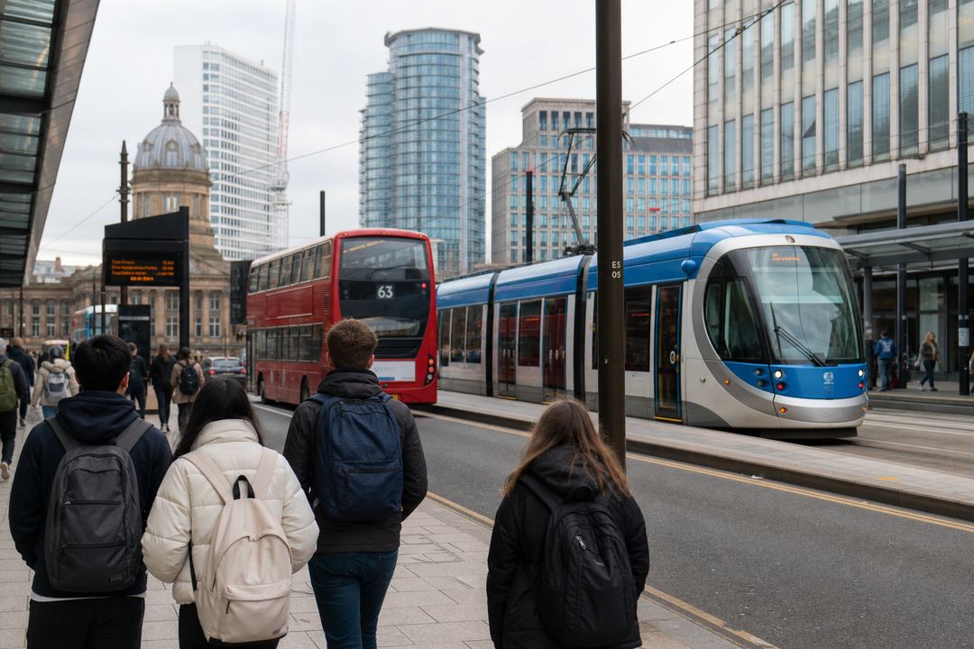 Students walking near a tram and buses in central Birmingham.