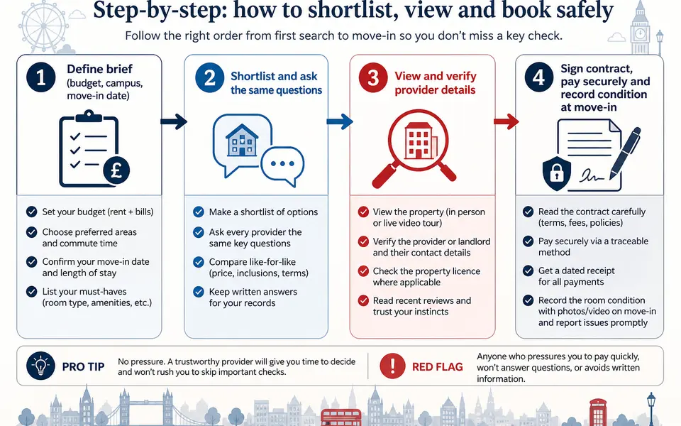 Flow diagram showing four stages of booking London student accommodation: define brief, shortlist, verify and view, sign and move in.