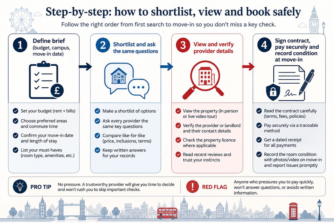 Flow diagram showing four stages of booking London student accommodation: define brief, shortlist, verify and view, sign and move in.