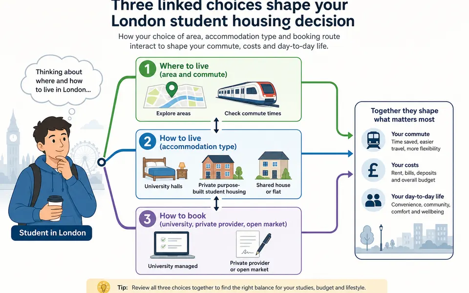 Flow diagram showing a student in London choosing an area, accommodation type and booking route, with arrows between the three decisions.
