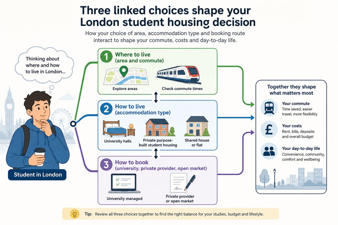 Flow diagram showing a student in London choosing an area, accommodation type and booking route, with arrows between the three decisions.