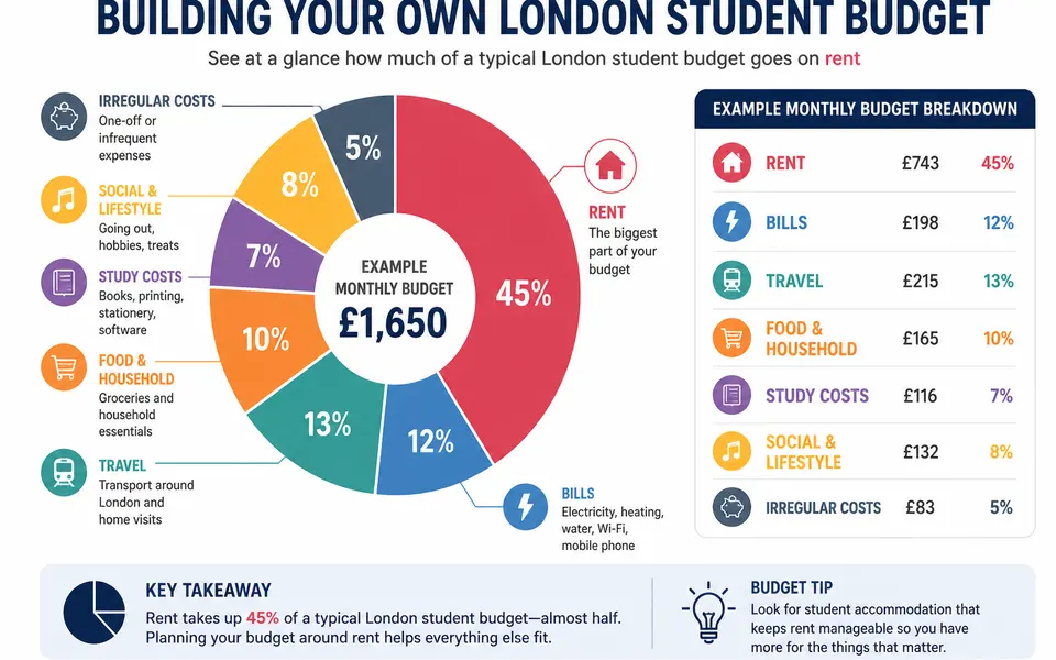 Pie chart showing an example London student monthly budget split between rent, bills, travel, food, study, social spending and irregular costs.