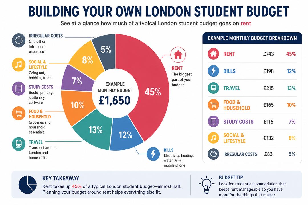 Pie chart showing an example London student monthly budget split between rent, bills, travel, food, study, social spending and irregular costs.