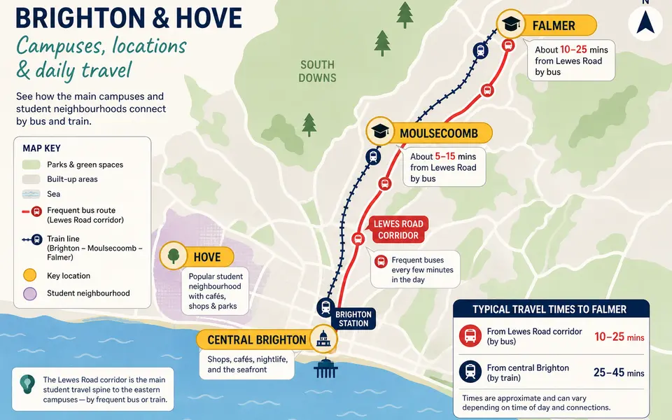 Simplified map of Brighton showing Falmer, Moulsecoomb, the Lewes Road corridor, central Brighton and Hove with typical student bus and train routes marked.