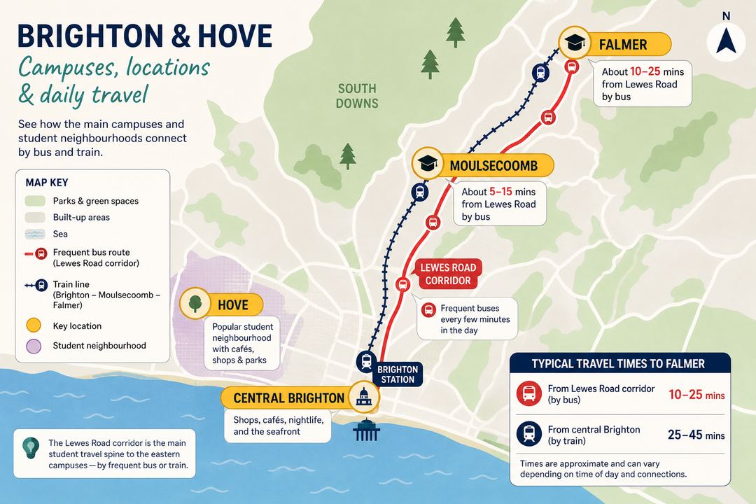 Simplified map of Brighton showing Falmer, Moulsecoomb, the Lewes Road corridor, central Brighton and Hove with typical student bus and train routes marked.
