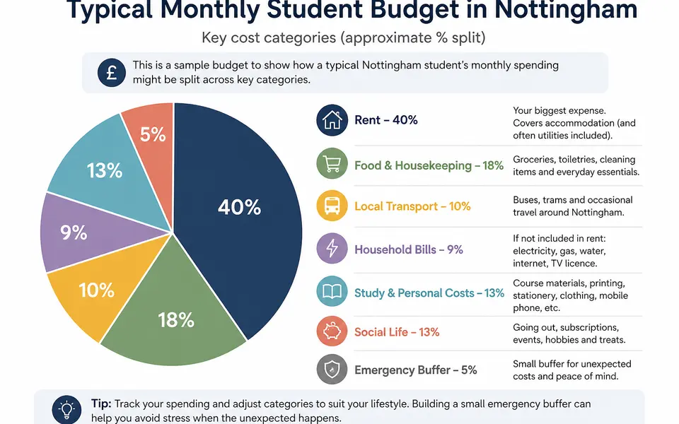 Simple pie chart of a sample Nottingham student budget showing rent, food, transport, bills, social life and a small emergency buffer.