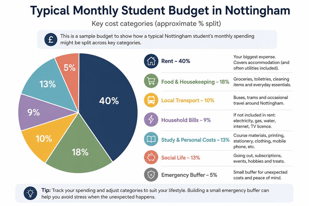 Simple pie chart of a sample Nottingham student budget showing rent, food, transport, bills, social life and a small emergency buffer.