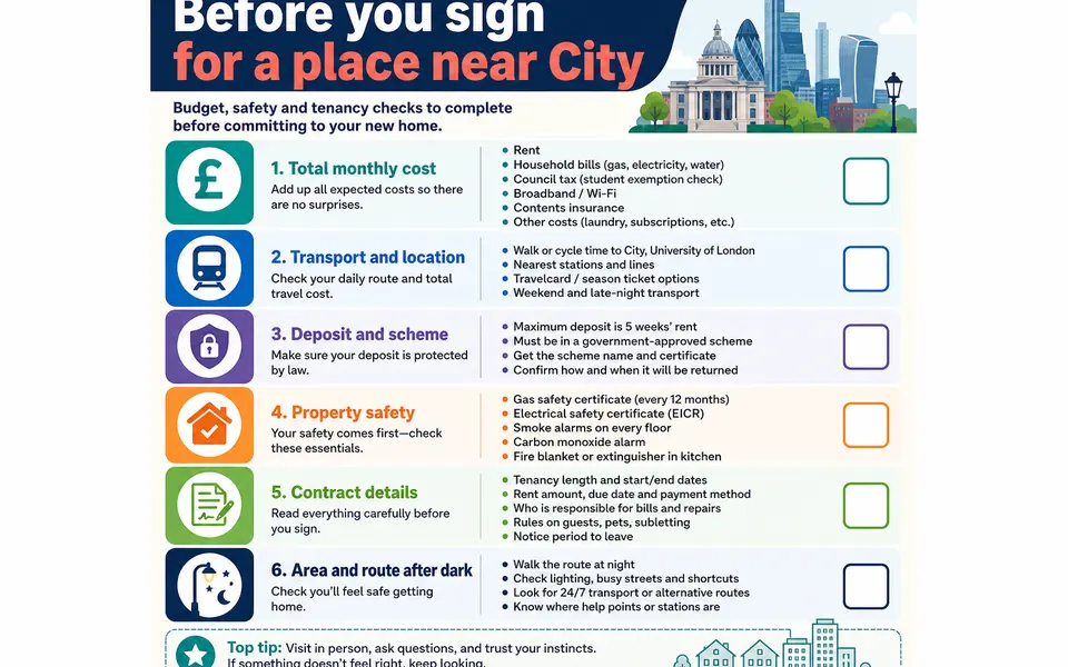 Checklist-style infographic showing rent, bills, transport, deposits and safety checks as steps before signing a student tenancy near City, University of London.