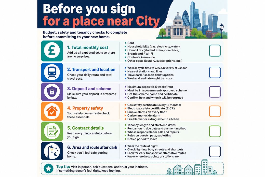 Checklist-style infographic showing rent, bills, transport, deposits and safety checks as steps before signing a student tenancy near City, University of London.