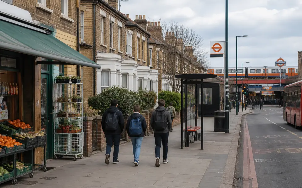 Typical London residential street in a student-friendly neighbourhood with brick houses, a small shop and a bus stop near a train station.