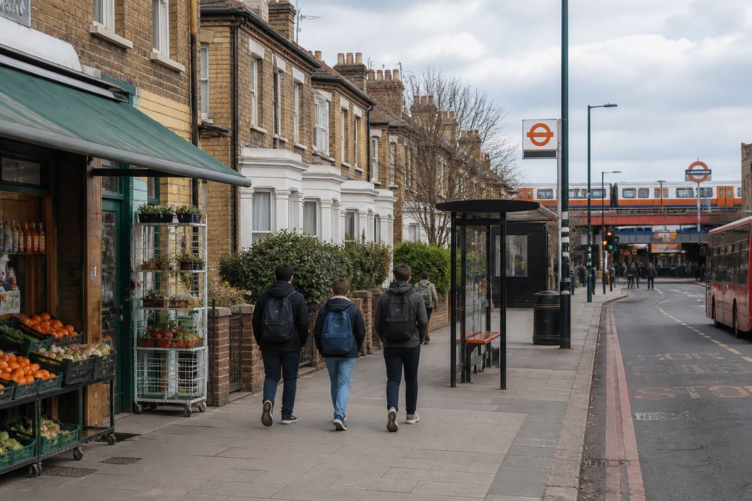 Typical London residential street in a student-friendly neighbourhood with brick houses, a small shop and a bus stop near a train station.