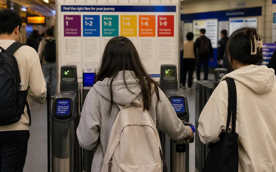 Students tapping Oyster or contactless cards at London Underground ticket barriers.
