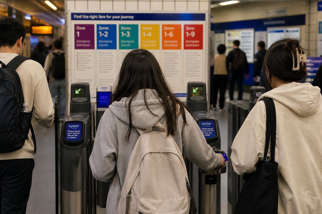 Students tapping Oyster or contactless cards at London Underground ticket barriers.