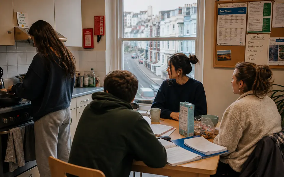 Students cooking and chatting together in a simple shared kitchen inside Brighton student housing.