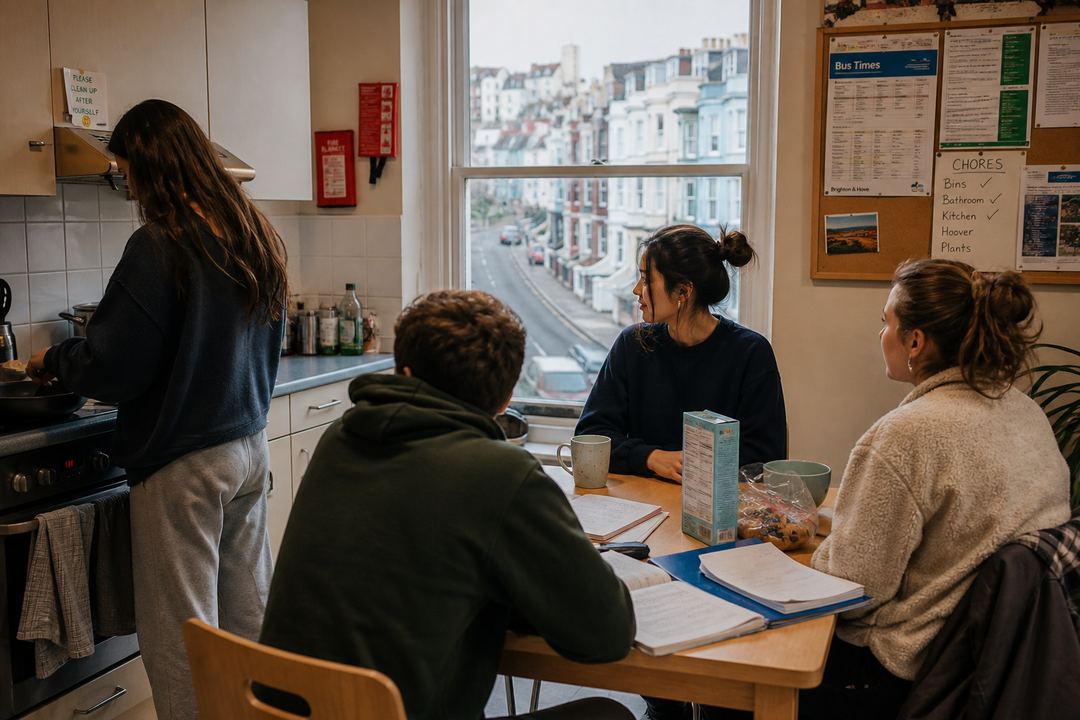 Students cooking and chatting together in a simple shared kitchen inside Brighton student housing.