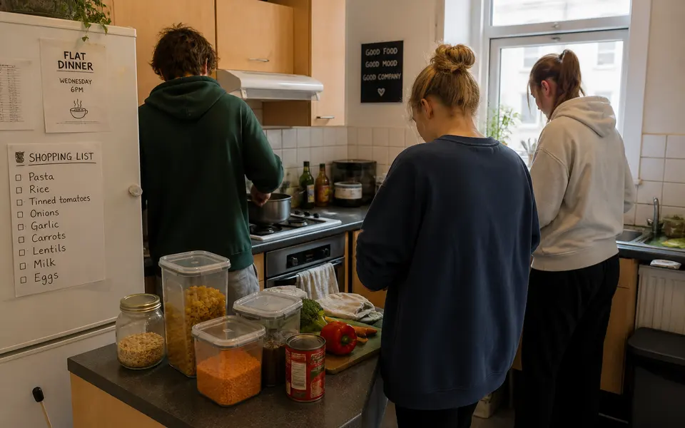 Students cooking together in a small shared Edinburgh student flat kitchen with food staples on the counter.