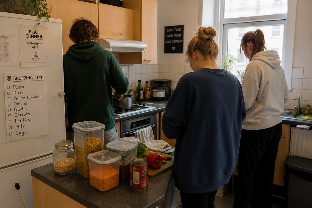 Students cooking together in a small shared Edinburgh student flat kitchen with food staples on the counter.