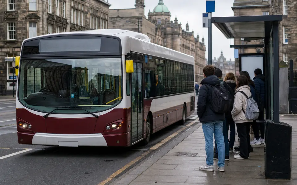 A bus passing through central Edinburgh with students waiting at a city bus stop.