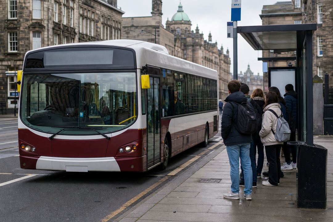 A bus passing through central Edinburgh with students waiting at a city bus stop.
