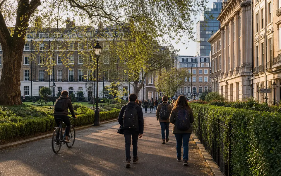 Leafy square in Bloomsbury with historic buildings and students walking through.