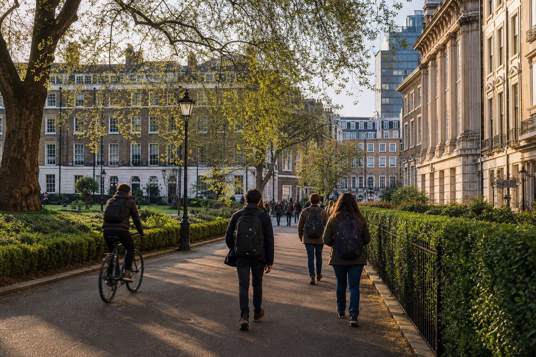 Leafy square in Bloomsbury with historic buildings and students walking through.