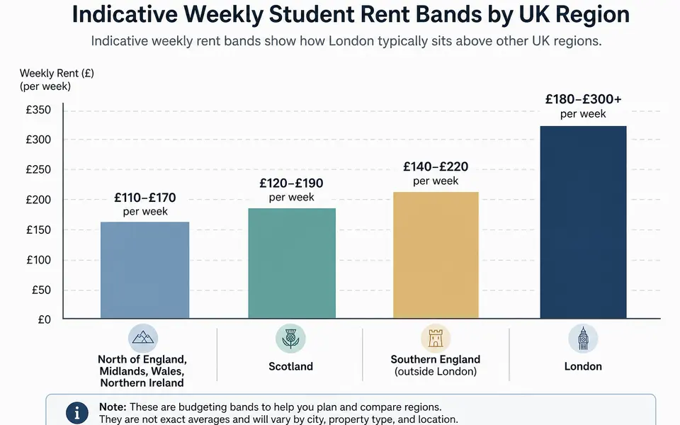 Bar chart comparing indicative weekly student rent bands for UK regions, with London highest and lower bands for the North of England, Midlands, Wales, Northern Ireland and Scotland.