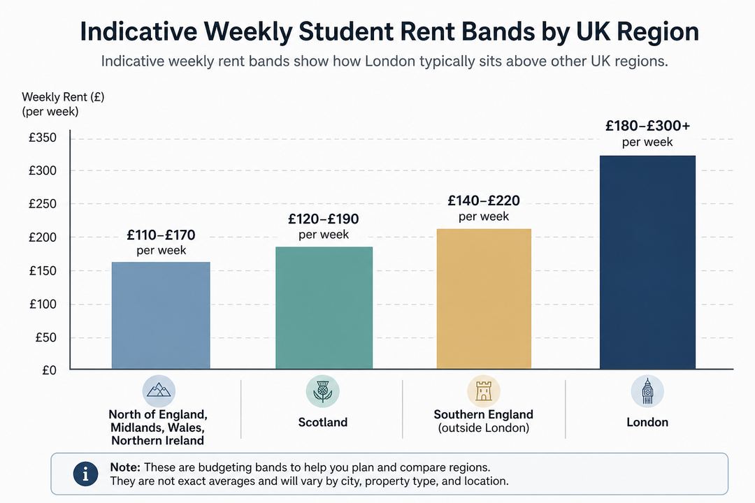 Bar chart comparing indicative weekly student rent bands for UK regions, with London highest and lower bands for the North of England, Midlands, Wales, Northern Ireland and Scotland.
