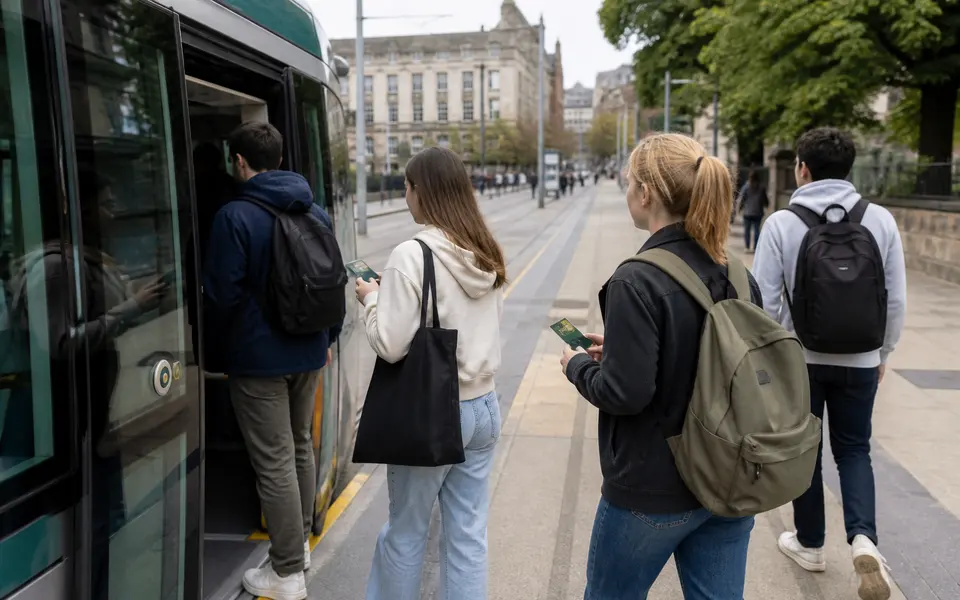 Students boarding a tram in Nottingham using travel cards, with university buildings in the background.