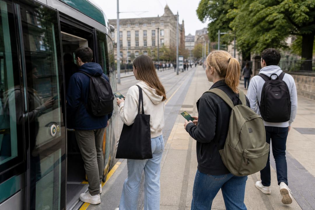 Students boarding a tram in Nottingham using travel cards, with university buildings in the background.