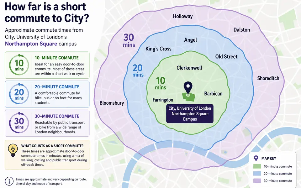 Simplified map of central London showing City, University of London’s Northampton Square campus with shaded 10, 20 and 30-minute commute rings and example neighbourhood names.
