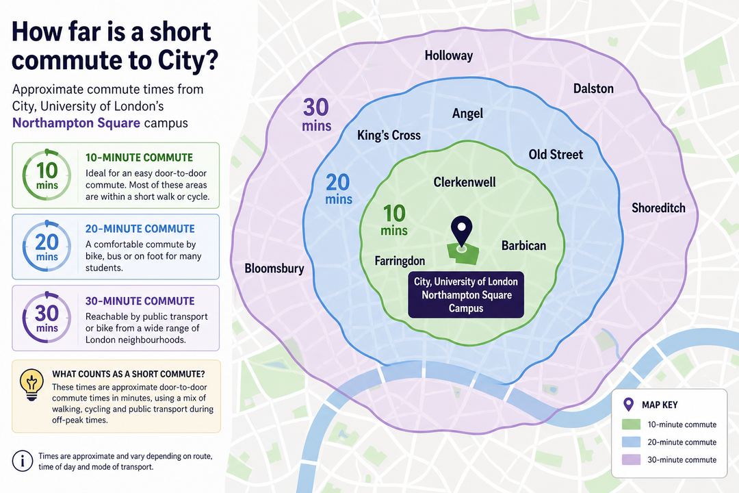 Simplified map of central London showing City, University of London’s Northampton Square campus with shaded 10, 20 and 30-minute commute rings and example neighbourhood names.