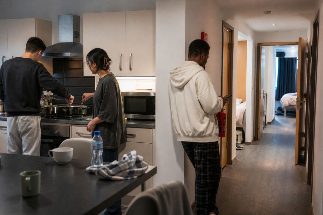 Students cooking together in a shared Manchester student flat kitchen with individual bedrooms off a corridor.