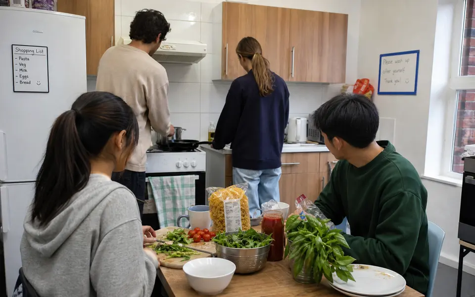 Students cooking together in a simple shared kitchen in London student housing.