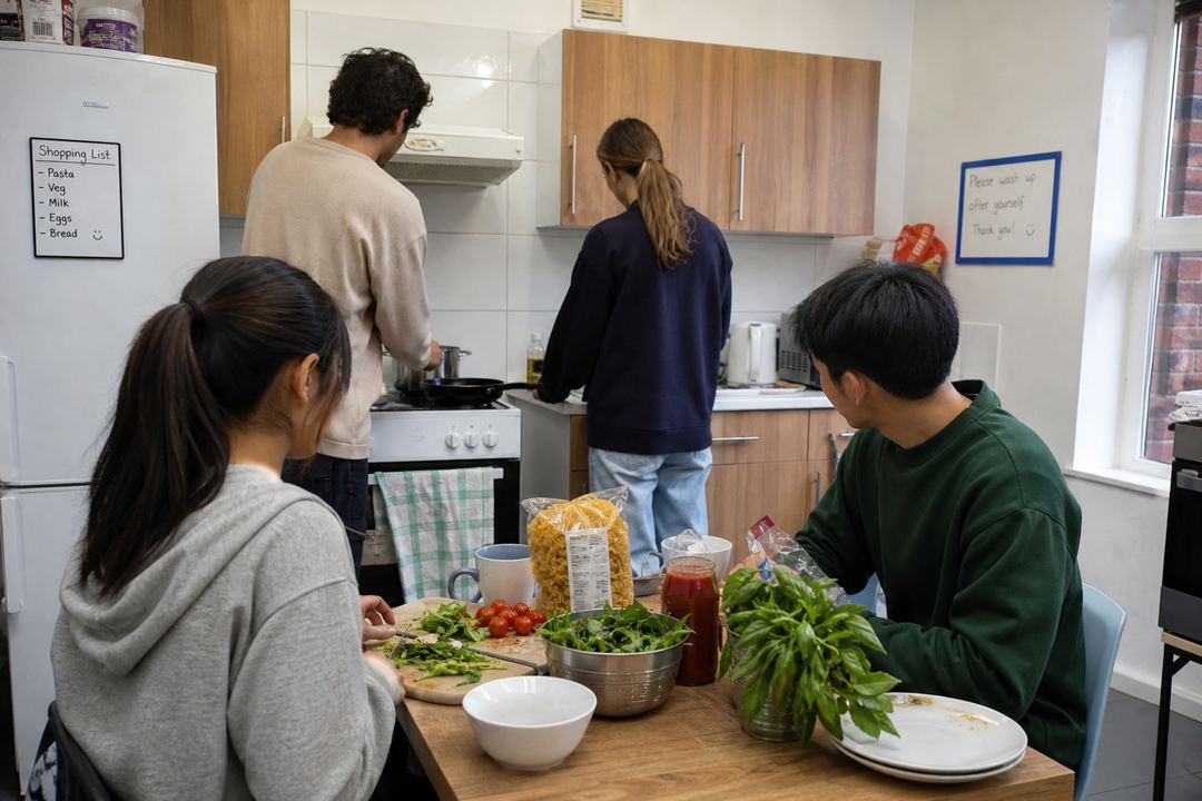 Students cooking together in a simple shared kitchen in London student housing.