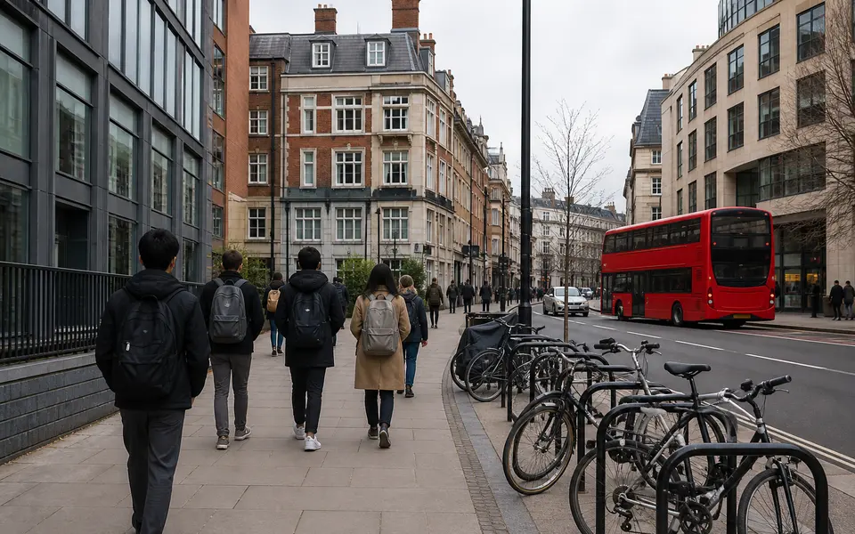 London street near university buildings with students walking and a red bus in the background.
