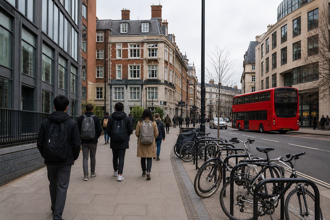 London street near university buildings with students walking and a red bus in the background.