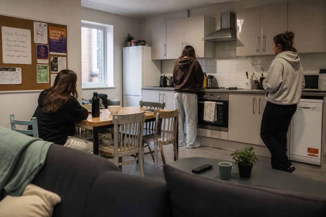 Shared student kitchen and living area in Nottingham with several students cooking and talking.
