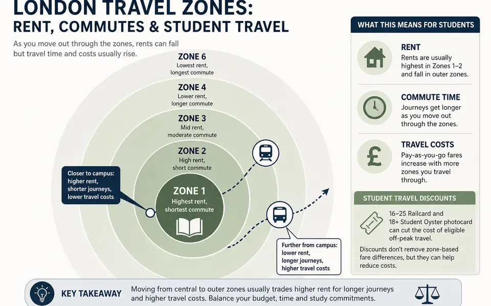Infographic-style diagram of London fare zones as concentric rings, with notes about rent levels and commute times for students.