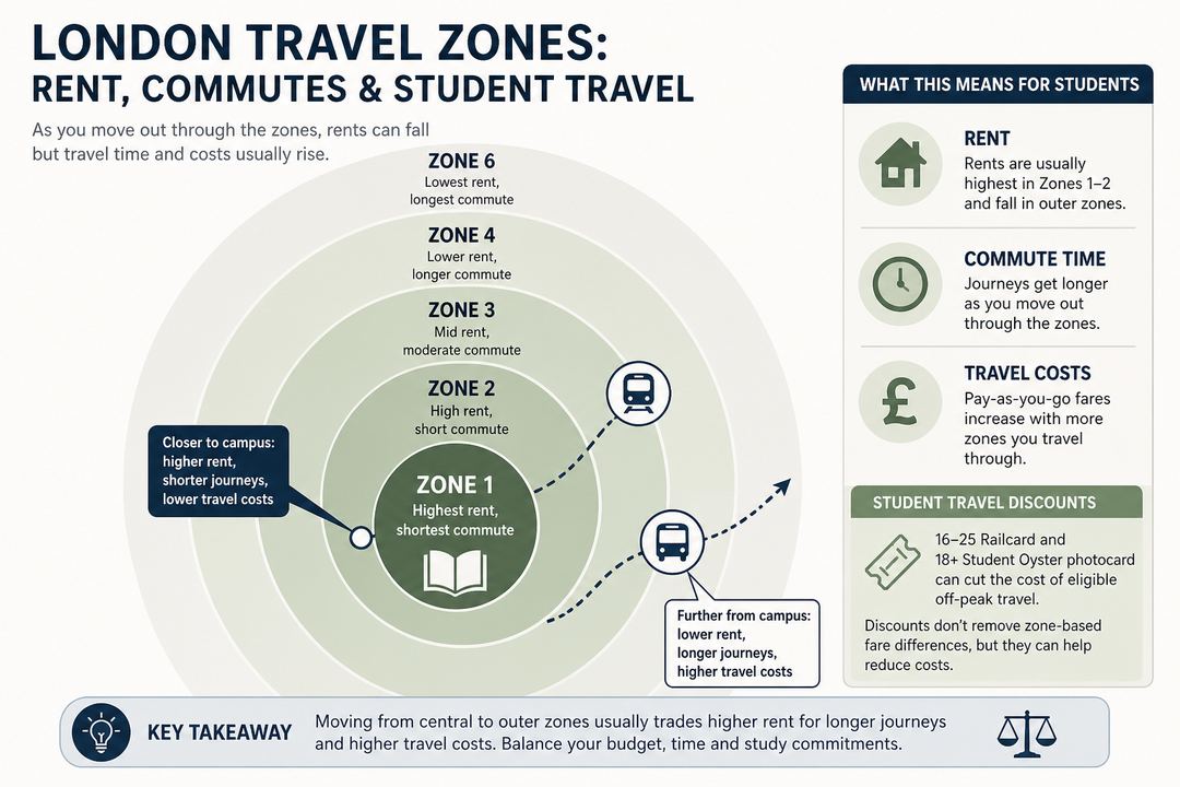 Infographic-style diagram of London fare zones as concentric rings, with notes about rent levels and commute times for students.