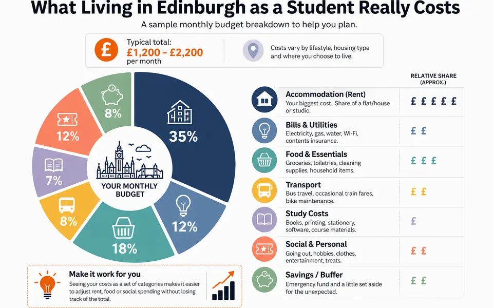 Infographic breaking down a typical Edinburgh student monthly budget into rent, bills, food, transport, study costs and social spending.