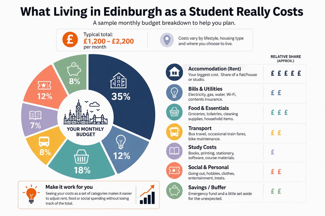 Infographic breaking down a typical Edinburgh student monthly budget into rent, bills, food, transport, study costs and social spending.