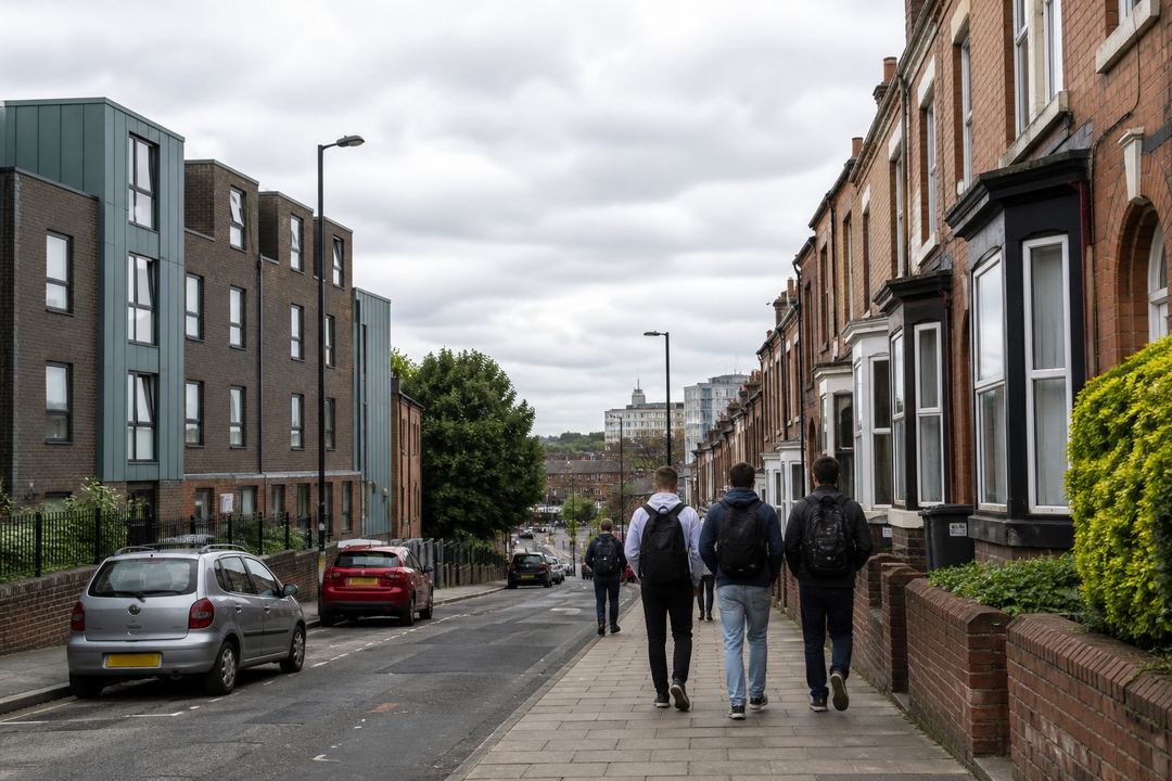 Nottingham city street near a university campus with students walking past a mix of student houses and flats.