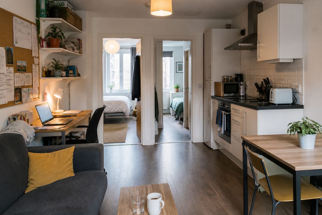 Interior of a shared student flat in London, showing a small living area with sofa and desk next to a compact kitchen, with bedroom doors leading off a hallway.