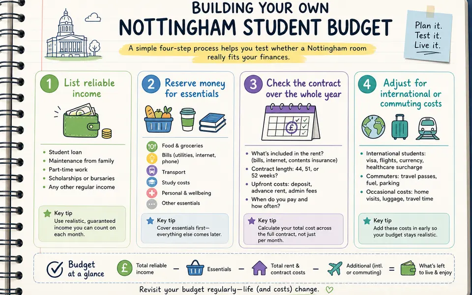 Four-step checklist for creating a Nottingham student budget, shown on a notebook-style graphic.
