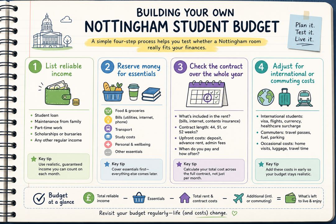 Four-step checklist for creating a Nottingham student budget, shown on a notebook-style graphic.